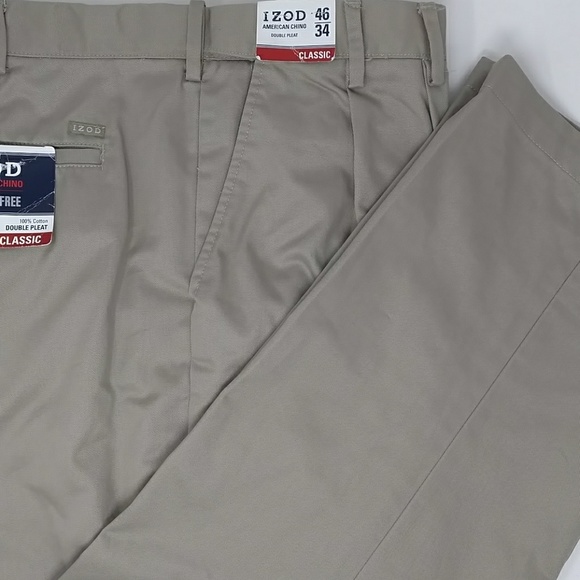 NEW Men/'s IZOD American Chino Classic Double Pleat Wrinkle Free 100/% cotton Pant